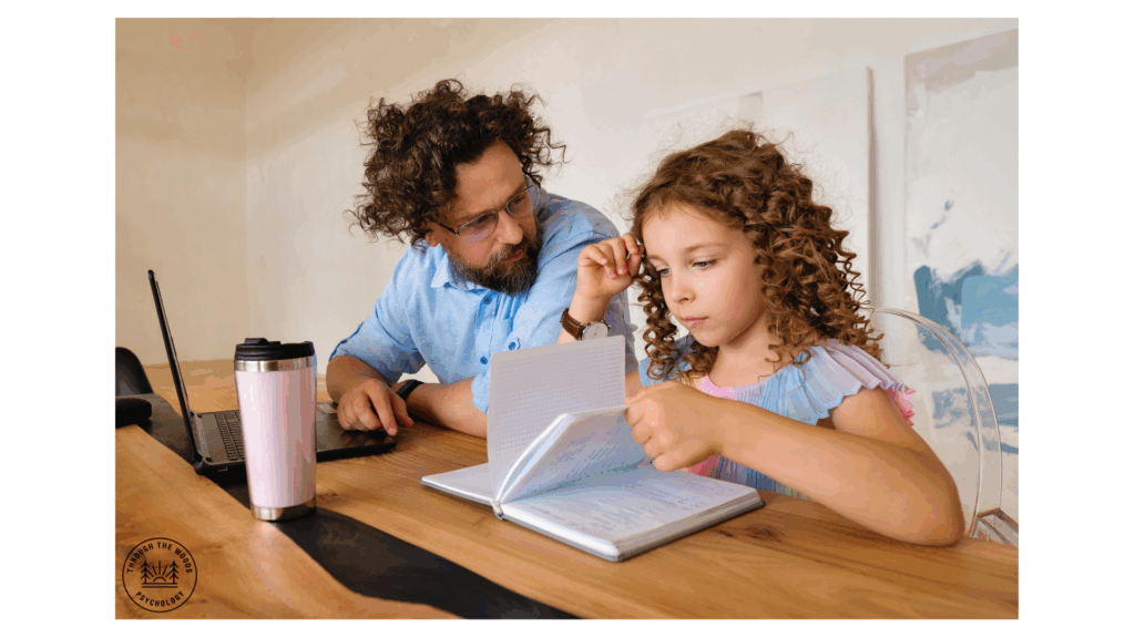 “Parent supporting child with homework at home.”